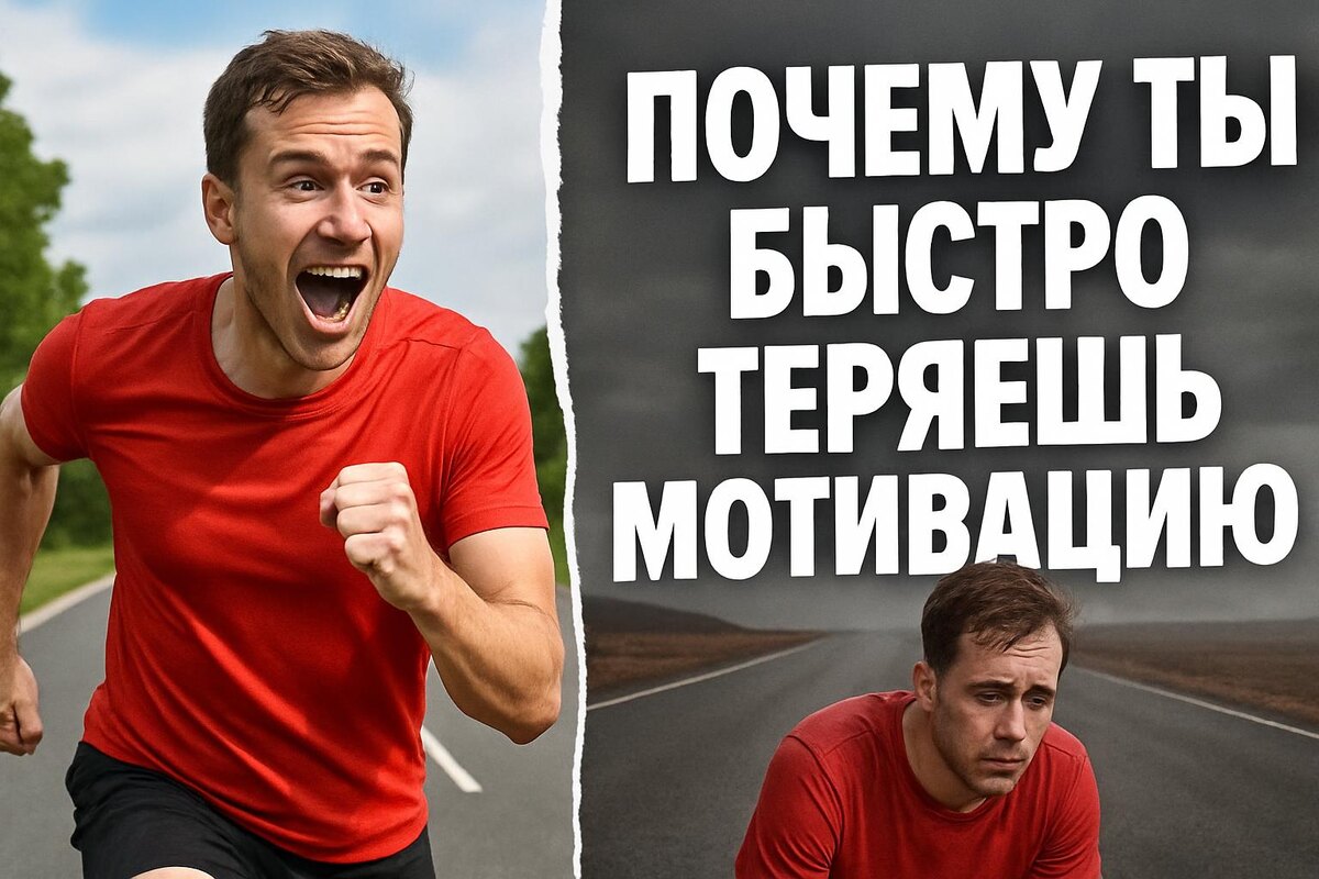 человек на старте бежит вперёд с энергией, но дальше дорога становится пустой — символ резкого падения мотивации