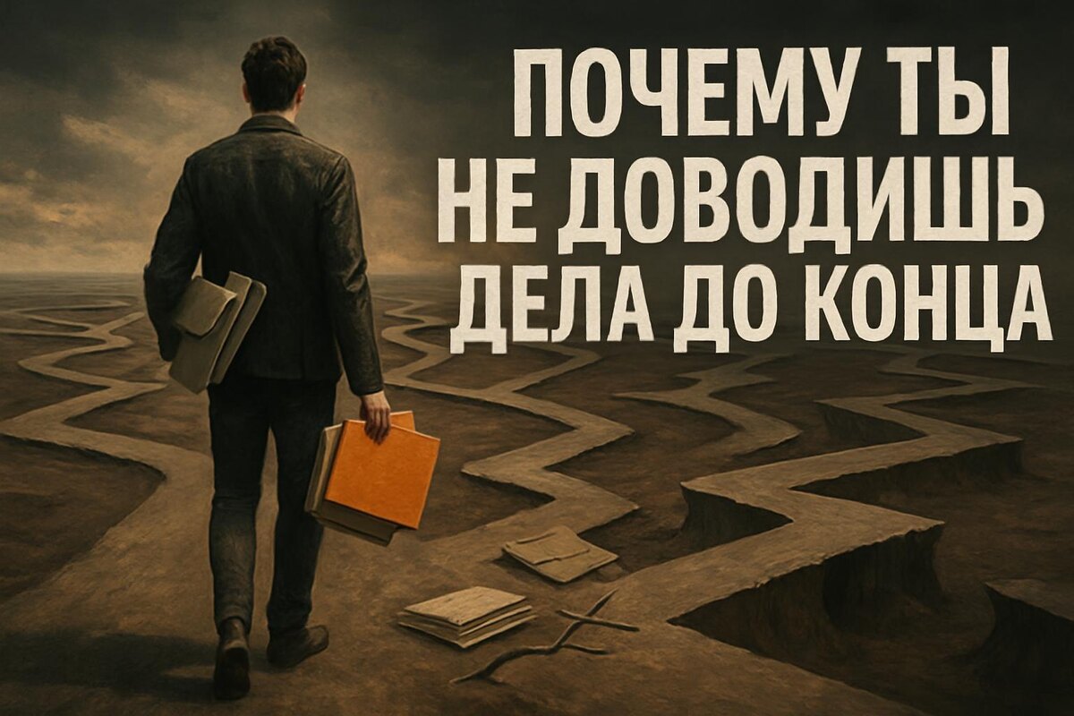 человек стоит перед незавершёнными дорогами, которые обрываются в пустоту — символ незаконченных дел
