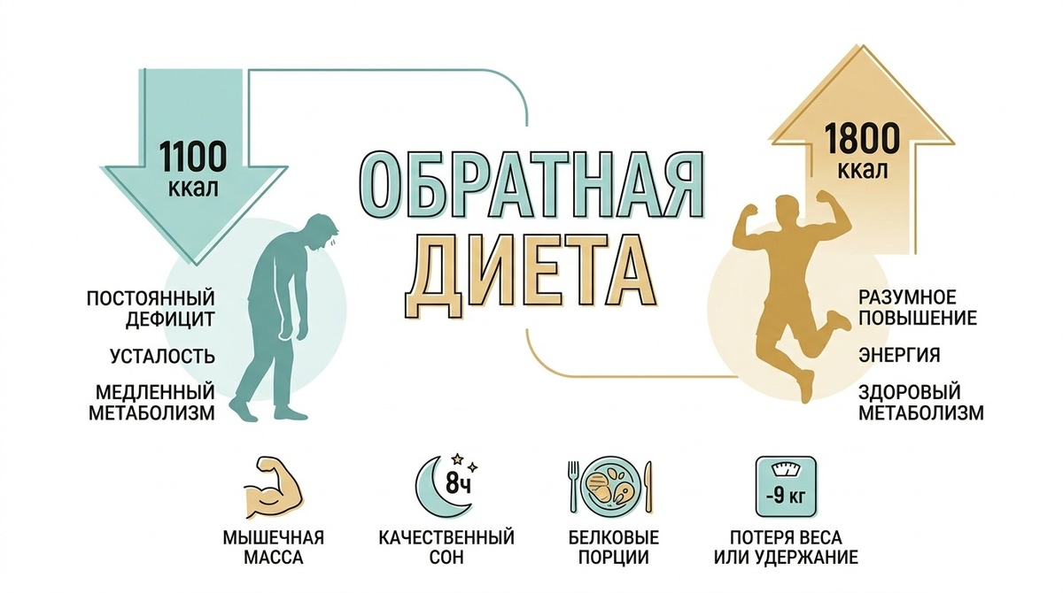 Этот подход называется reverse dieting, или обратная диета. В литературе описаны случаи, когда женщины с «застрявшим» метаболизмом