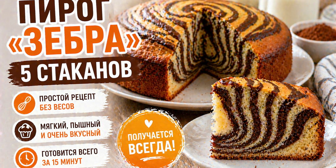 🥧 Пирог «Зебра» 5 стаканов — простой, красивый и всегда получается
