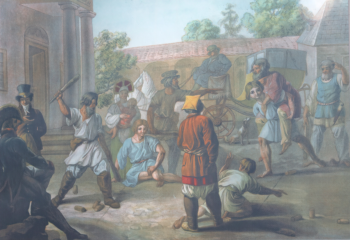 Игра в городки. Гравюра Е.М. Карнеева, 1812 год.