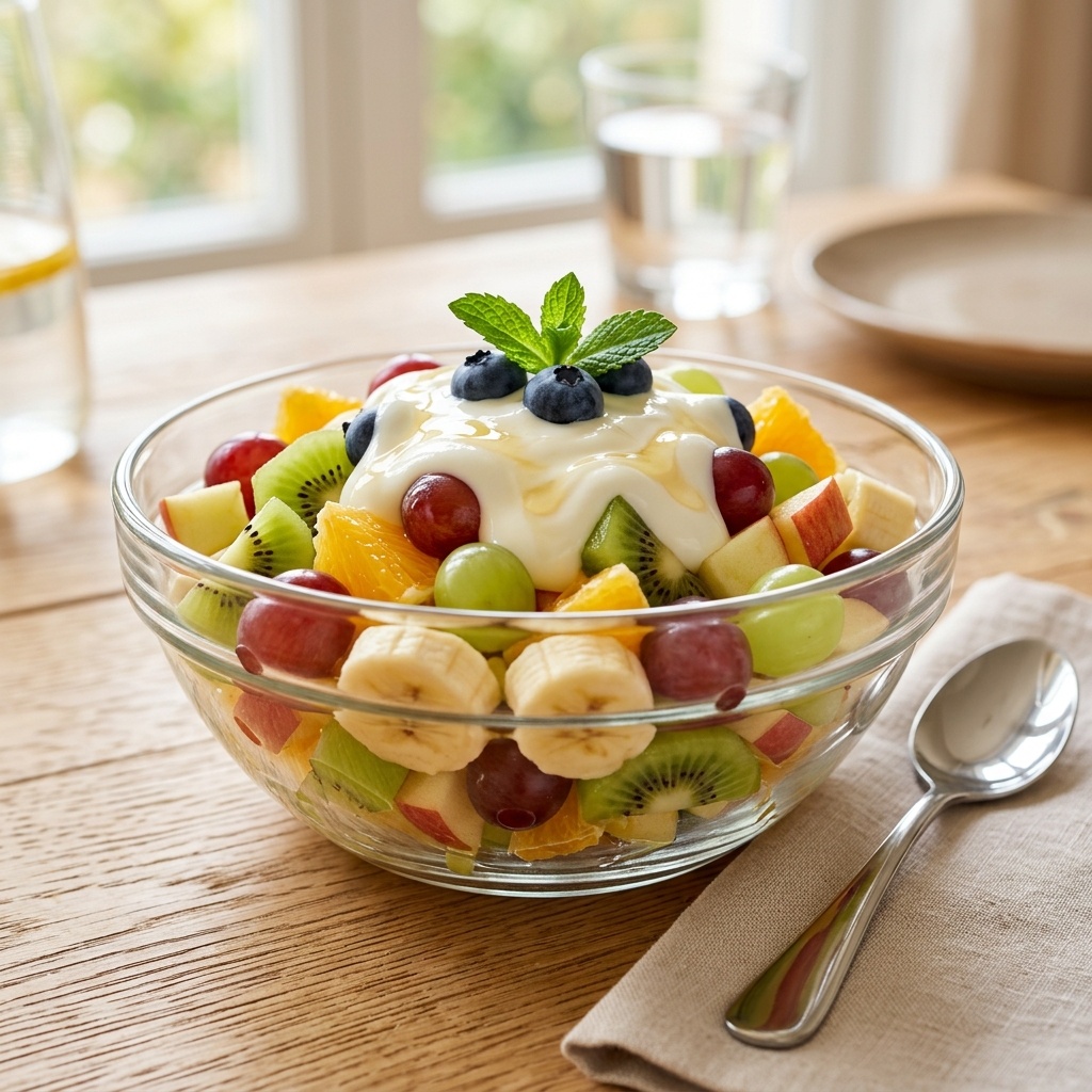 Яркий фруктовый салат с йогуртовой заправкой — витаминный заряд!