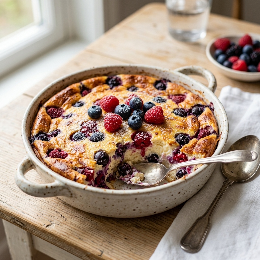 Воздушная творожная запеканка с ягодами — десерт из детства!