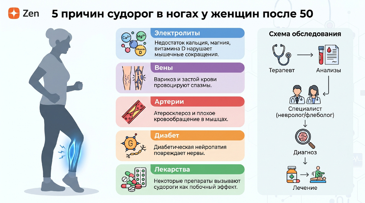 У женщины после 50 лет судороги в ногах часто появляются не из-за одного фактора
