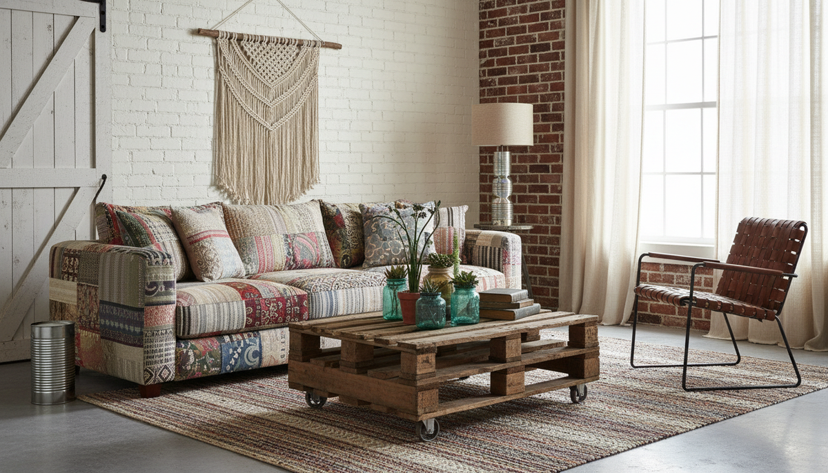 Фото стильно оформленной гостиной с мебелью, изготовленной из вторичных материалов