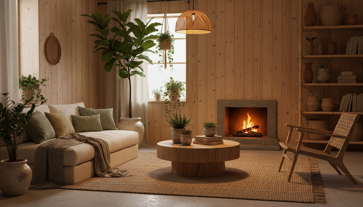 Изображение уютной комнаты, оформленной с использованием натуральных материалов