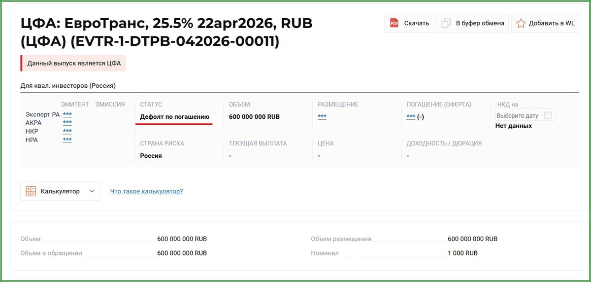 По ЦФА нет выплат ЕТ