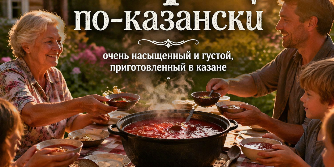 Борщ по-казански, очень насыщенный и густой, приготовленный в казане