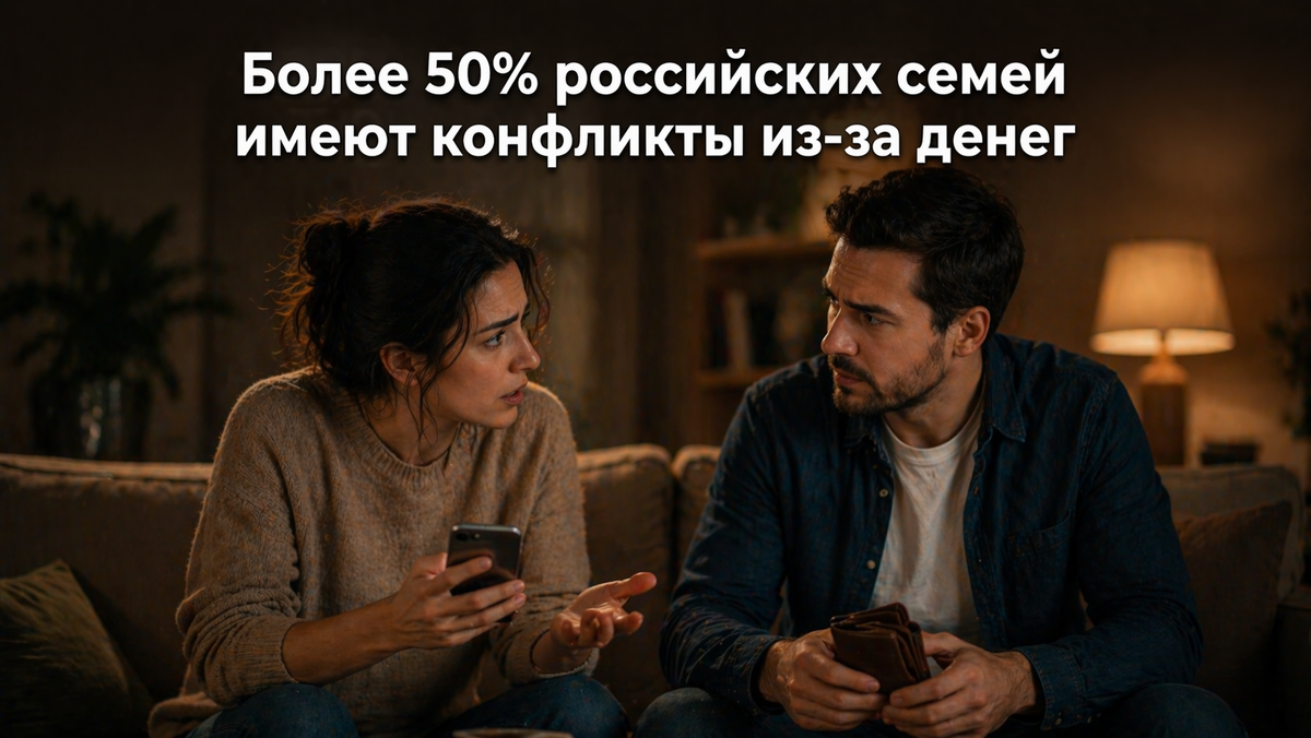 Доказательство: Более 50% семей сталкиваются с конфликтами из-за денег.
Источник: Исследование «Синергия»: «Более 50% российских семей страдают от конфликтов из-за денег».
