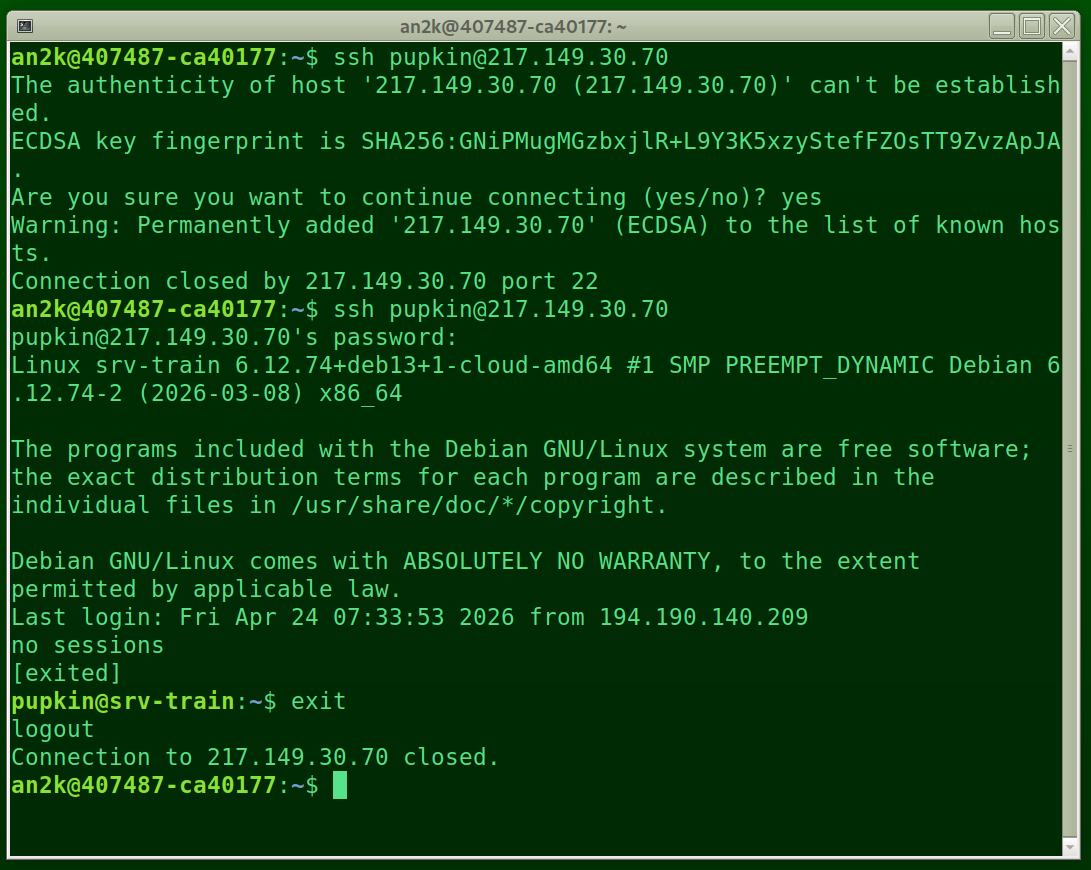 Debian приветсвует вас, обещает работать абсолютно без гарантий (хотя на сегодня это самый надежный дистрибутив Linux) и предлагает мне, как Пупкину вводить команду уже на сервере для тренинга.