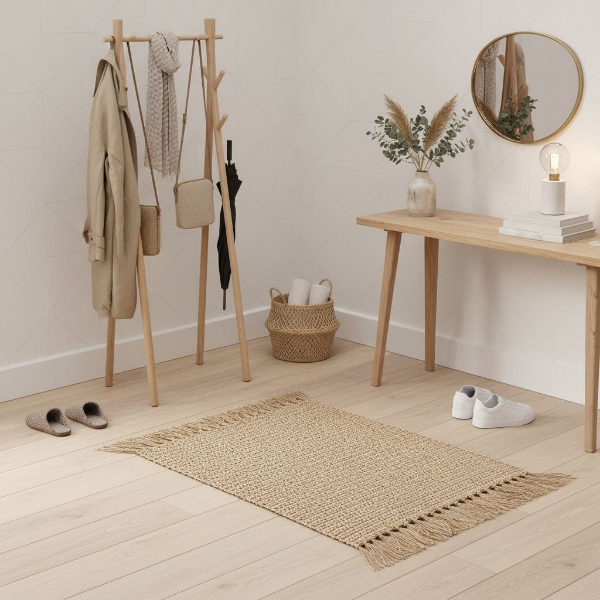 Джутовый ковёр RoLens Jute в прихожей — практичное решение для зоны с высокой проходимостью. Не боится грязи, легко чистится пылесосом. Вписывается в сканди и минимализм.