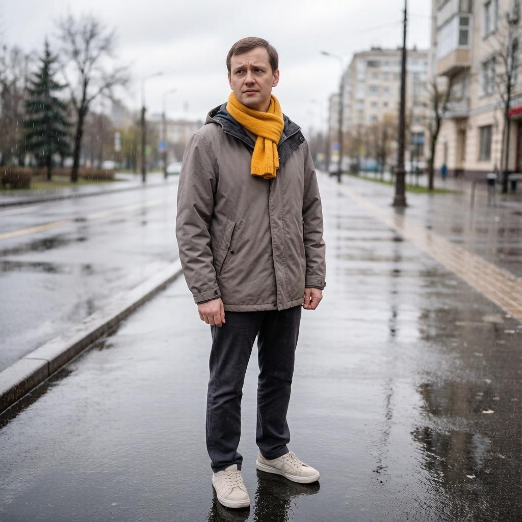 Задумавшийся прохожий наблюдает, как в мокрый, холодный день улицу поливает старая машина. Ситуация вызывает недоумение и улыбку