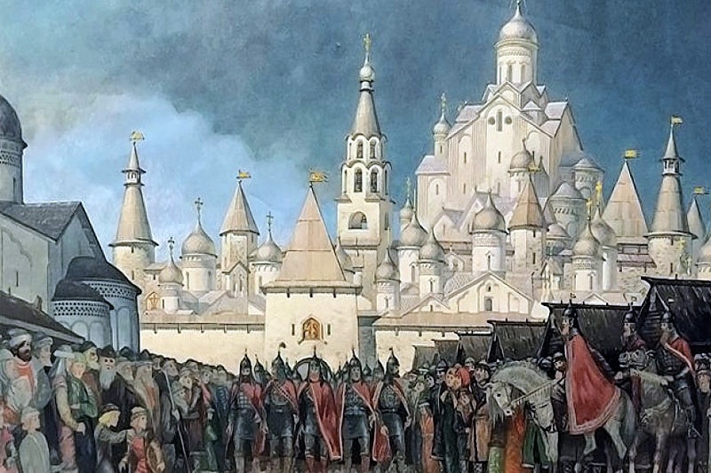 Картина Г. Я. Мокеева "Дом Святой Троицы Пскова на рубеже XV-XVI веков".