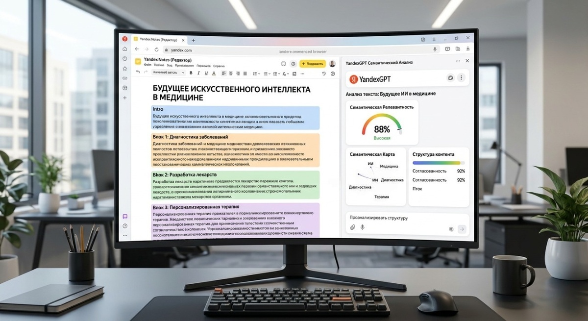 Процесс анализа текста нейросетью YandexGPT для оценки текстовой релевантности страницы в поиске.