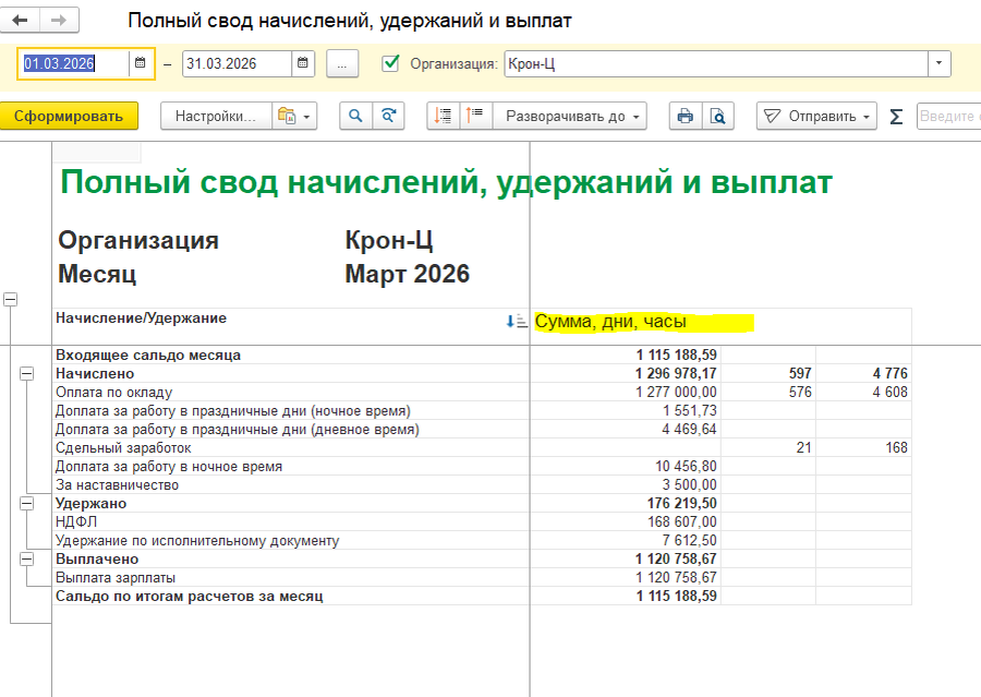 Колонка, всегда будет иметь название "Сумма, дни, часы"