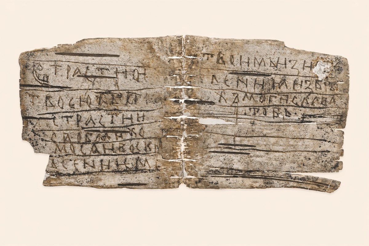    Одна из страниц берестяной книжечки. / Новгородский музей-заповедник