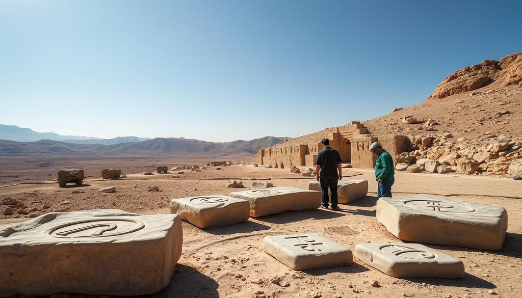    Археологический памятник Конар-Сандал с раскопками глиняных табличек и исследователями на фоне пустынного ландшафта.