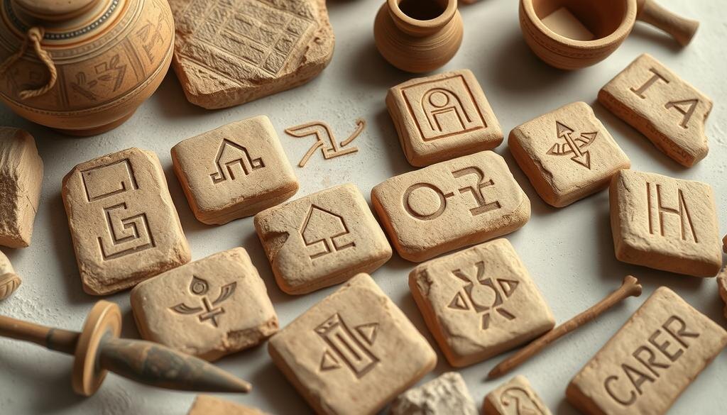    Глиняные таблички с символами, напоминающими древний алфавит, оформленные на фоне артефактов древнего мира.