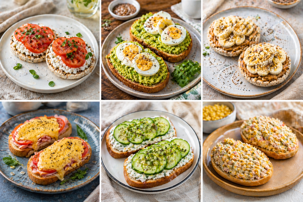 Коллаж с аппетитными открытыми бутербродами