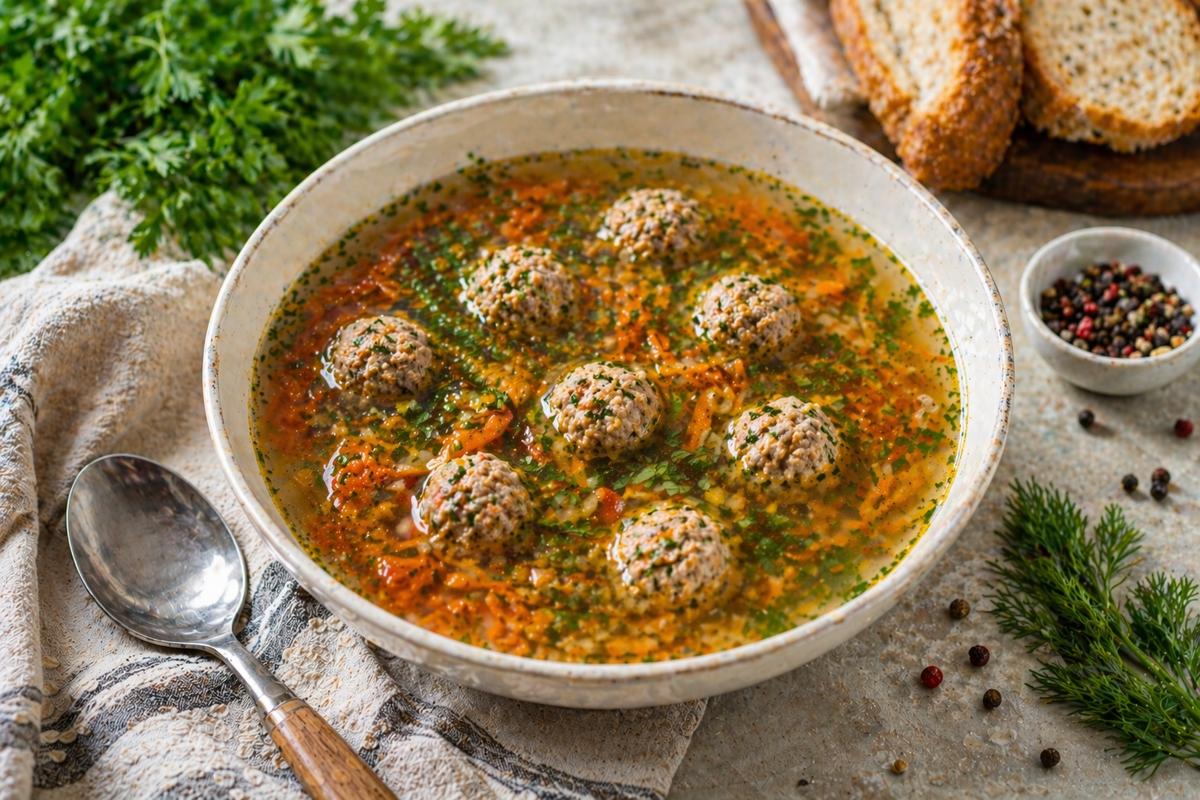 Тёплый обед с фрикадельками и хлебом