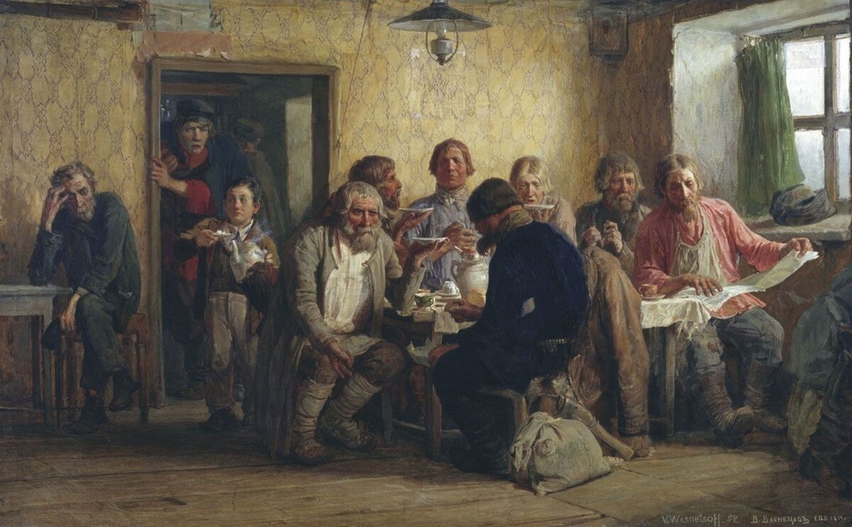 Виктор Михайлович Васнецов, «Чаепитие в трактире», 1874 год – то есть спустя 12 лет после очерка Слепцова. Однако вряд ли что-то менялось вот в таких простых трактирах