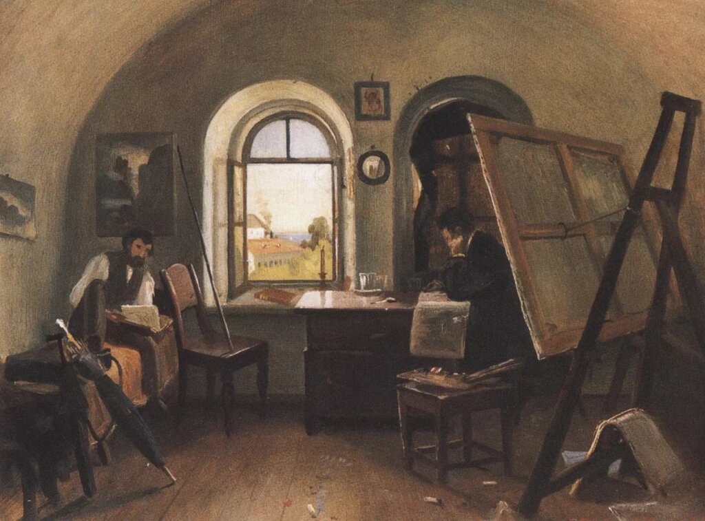 Иван Шишкин. И.Шишкин и А.Гине в мастерской на острове Валааме. 1860.