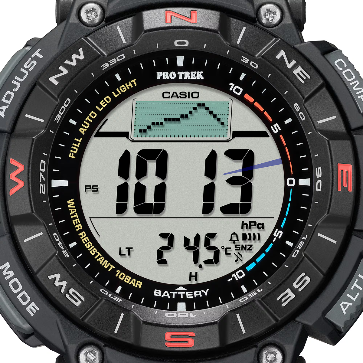 В модели Pro Trek PRG-340-1E изменение давление показано в виде графика (на циферблате —под надписью Casio)