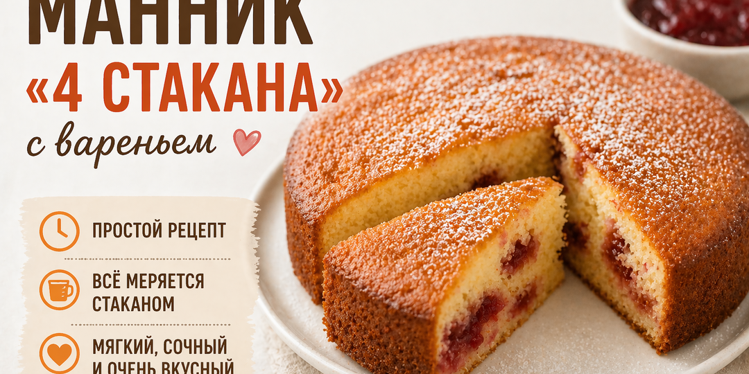 🥧 Манник «4 стакана» с вареньем — мягкий, сочный и без сложностей