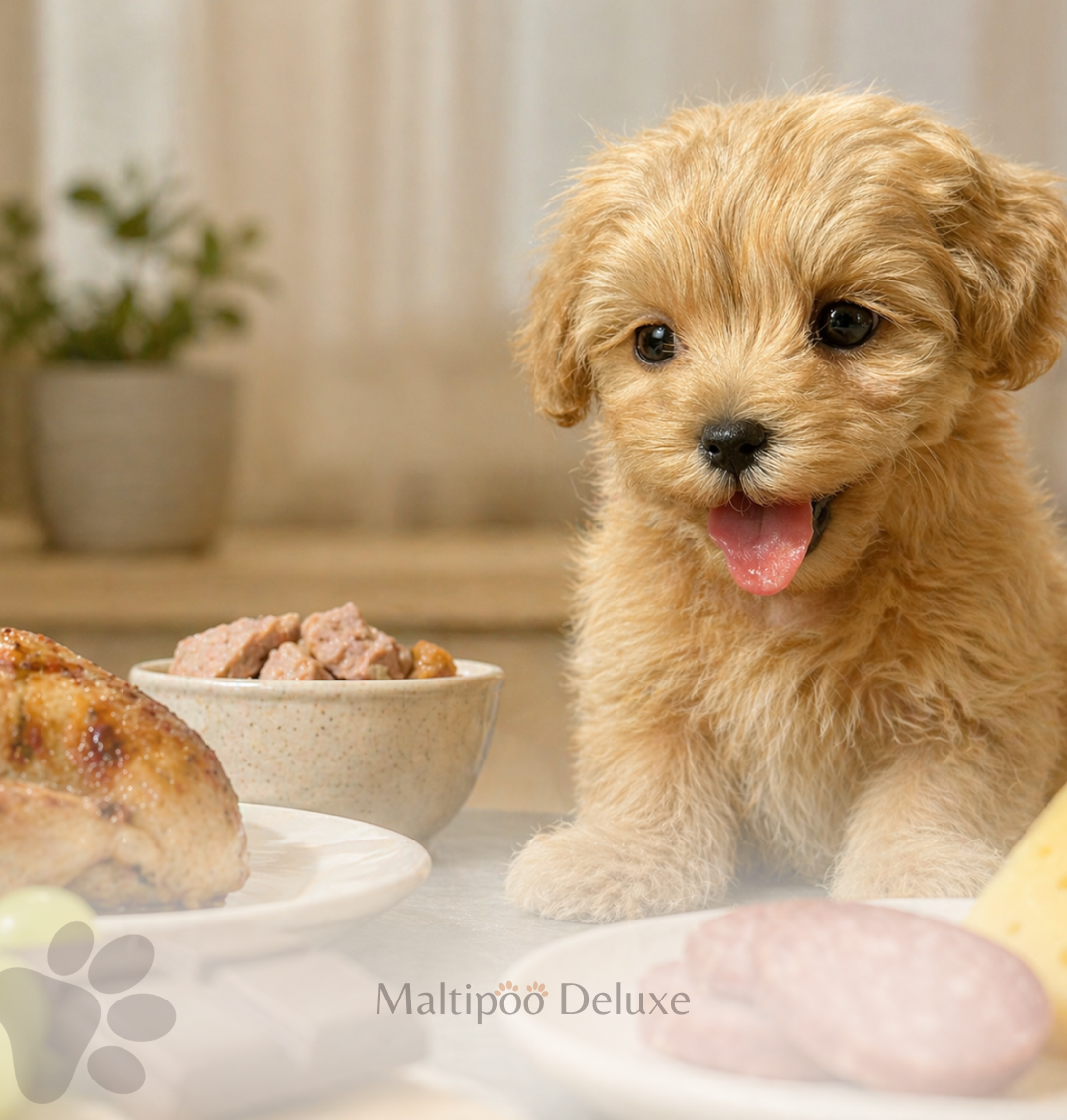 на фото щенок мальтипу с продуктами питания которые категорически запрещены