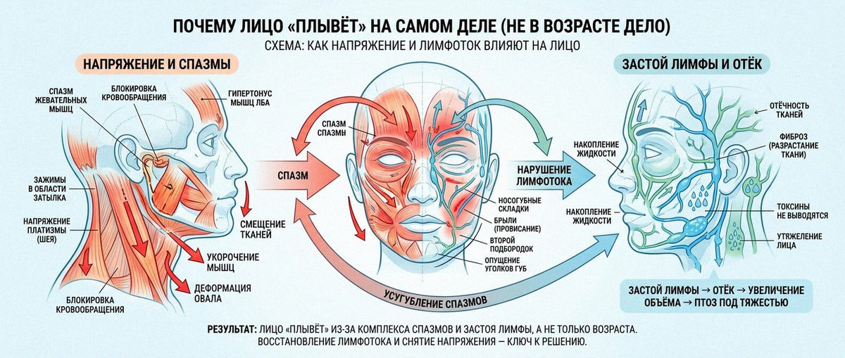Схема: как напряжение и лимфоток влияют на лицо