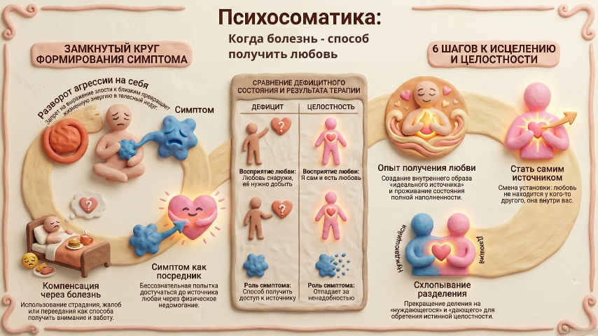 Инфографика, демонстрирующая формирование психосоматического симптома и шаги к исцелению