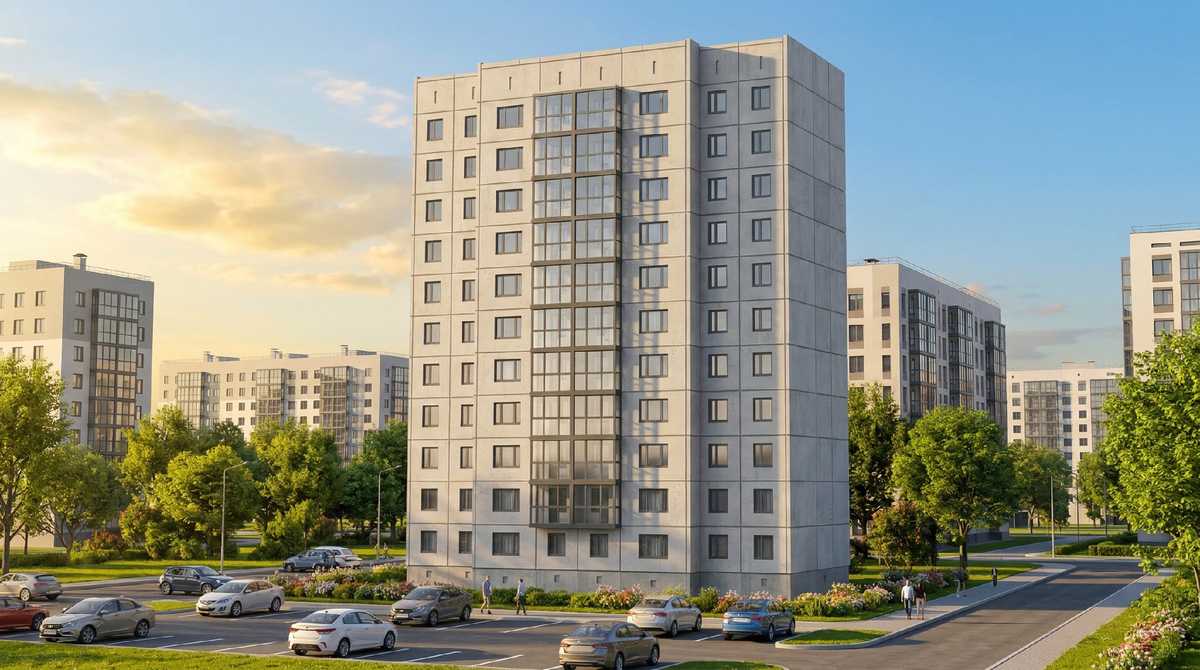 Визуализация многоквартирного дома, выполненная с использованием Luch Render, на основе модели в Renga