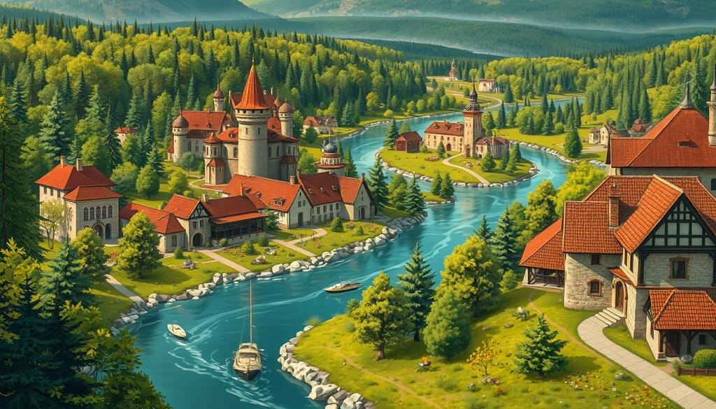    Древний Ростов Великий с традиционной русской архитектурой IX-X века и зелеными пейзажами.