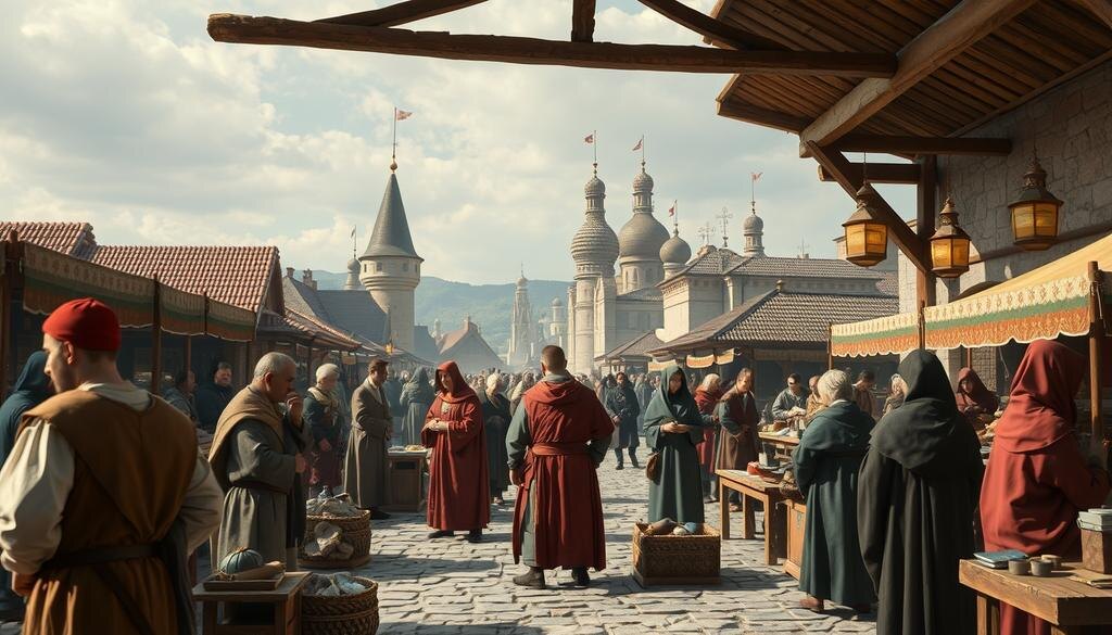    Рынок Ростова Великого X века с местными жителями, занимающимися торговлей и культурными обменами.