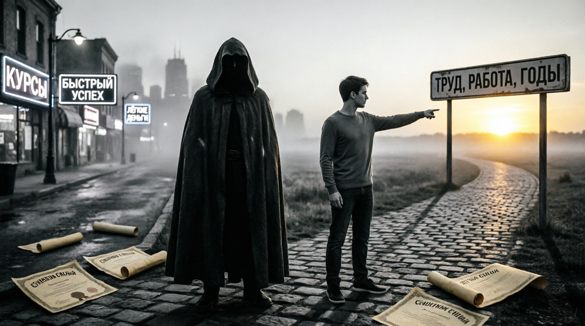 Неон слева. Труд справа. Старый молчит. Выбор за тобой.