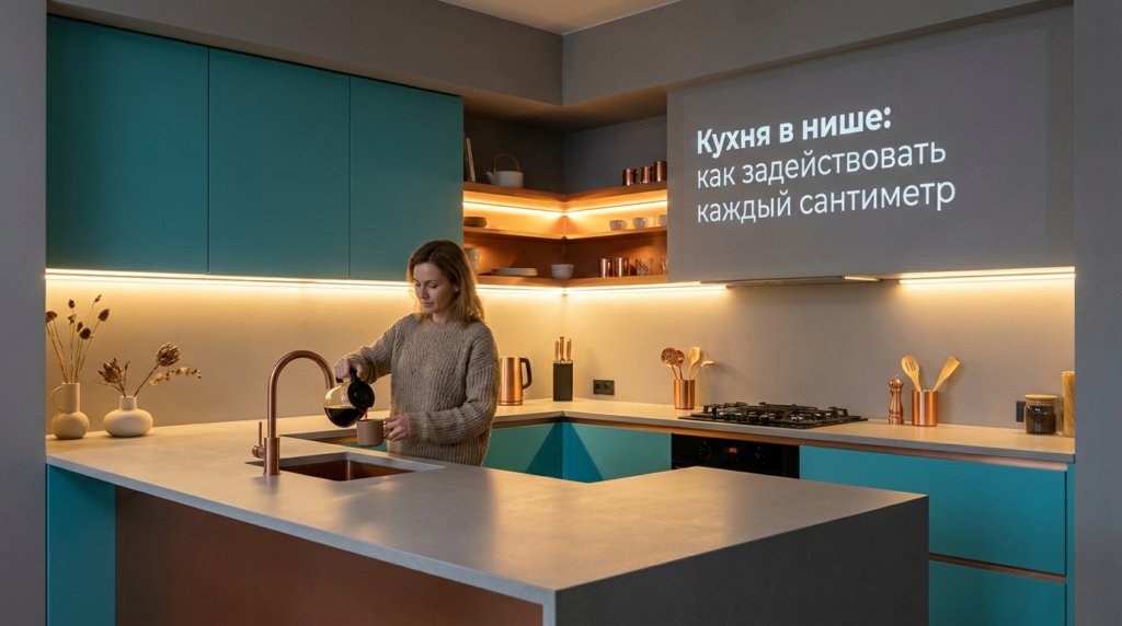    Вариант планировки кухни в стенной нише для экономии пространства. MDKUHNY
