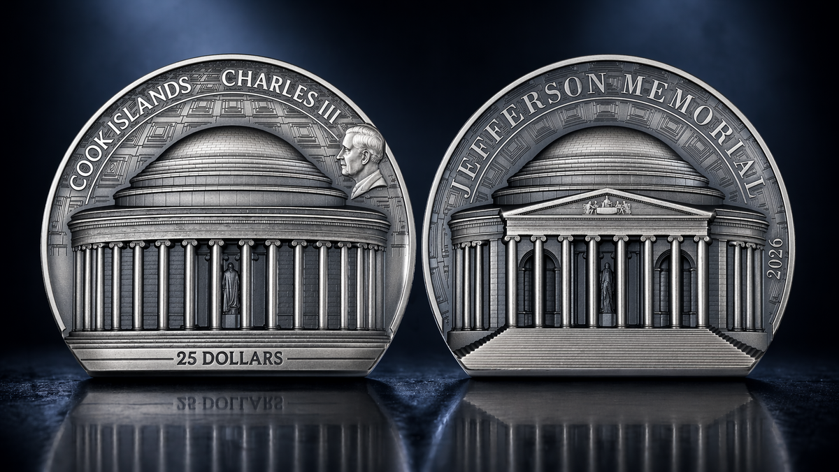 Монета Островов Кука с Мемориалом Джефферсону