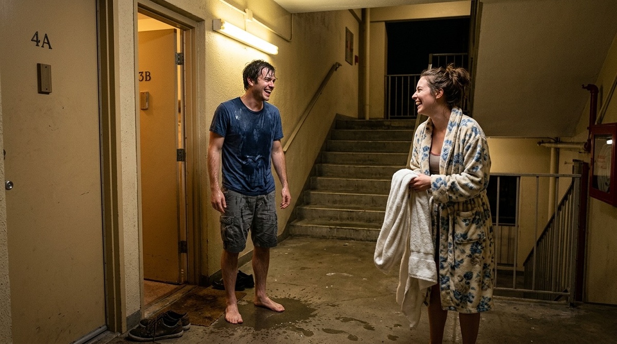 я стою. И она стоит. В халате, а он на распашку весь и с полотенцем в руке. 