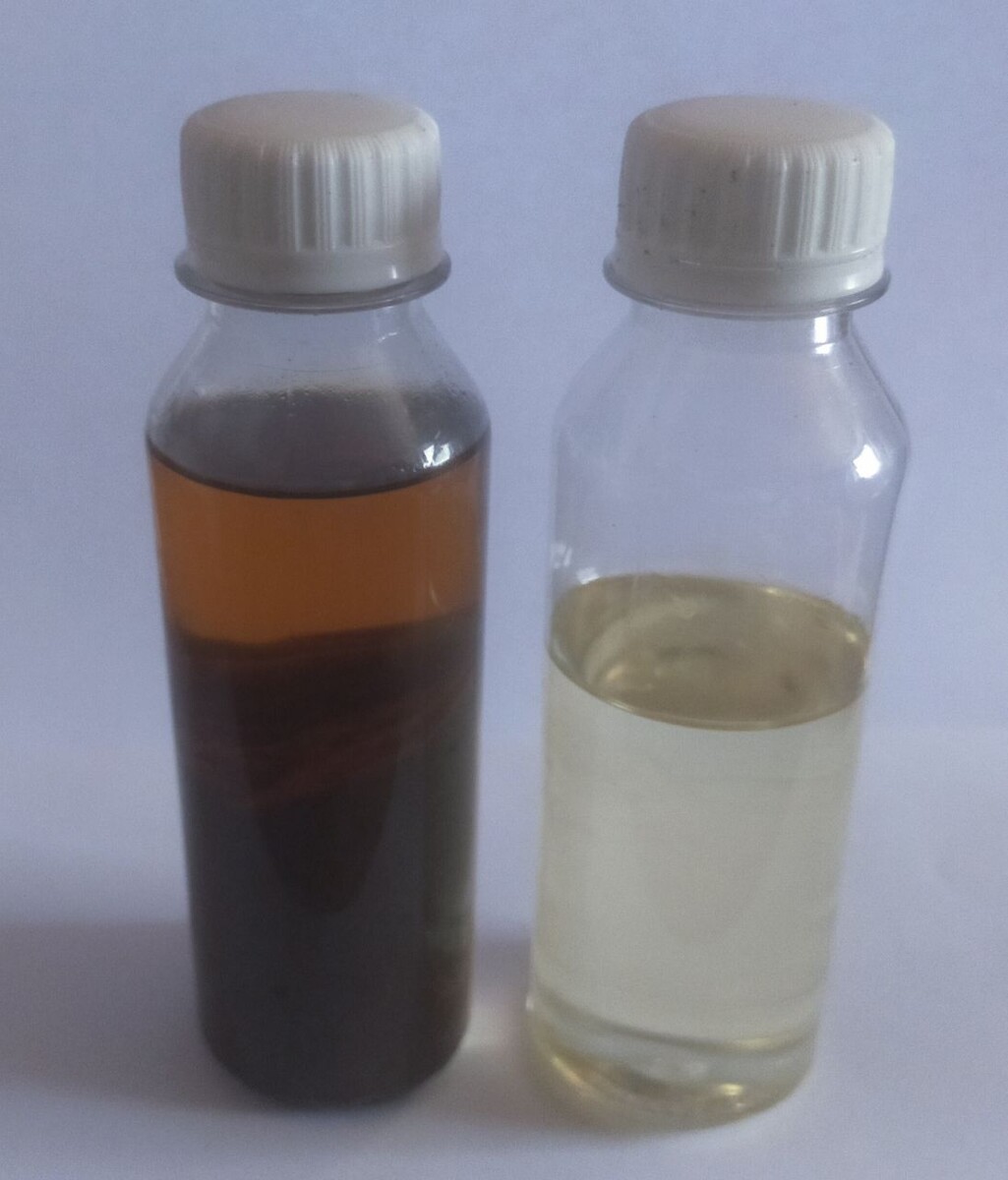 Отработанное растительное масло до и после очистки.