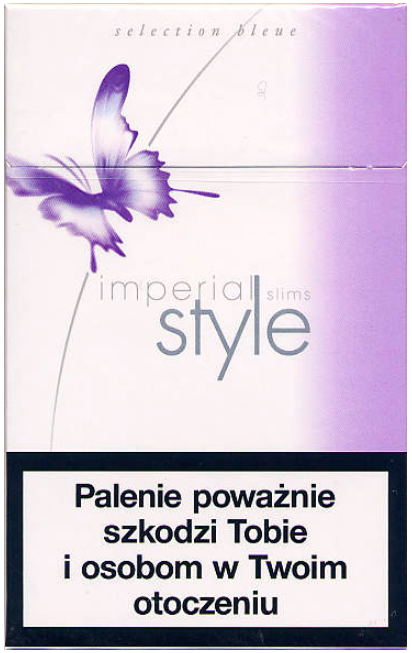 "Imperial" Style Slims Selection Bleue. Польша, 2006 год. 20 штук с фильтром в коробке с откидной крышкой, обернутой целлофаном. Смола 5 мг, никотин 0,5 мг. Цена (была) 6,70 злотых. Производитель: Imperial Tobacco Polska S.A., Владелец торговой марки: Imperial Tobacco.