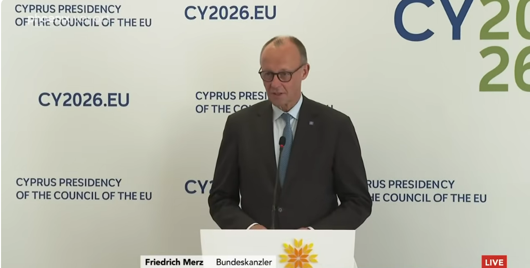 Пресс-конференция федерального канцлера Фридриха Мерца по итогам специального саммита ЕС на Кипре