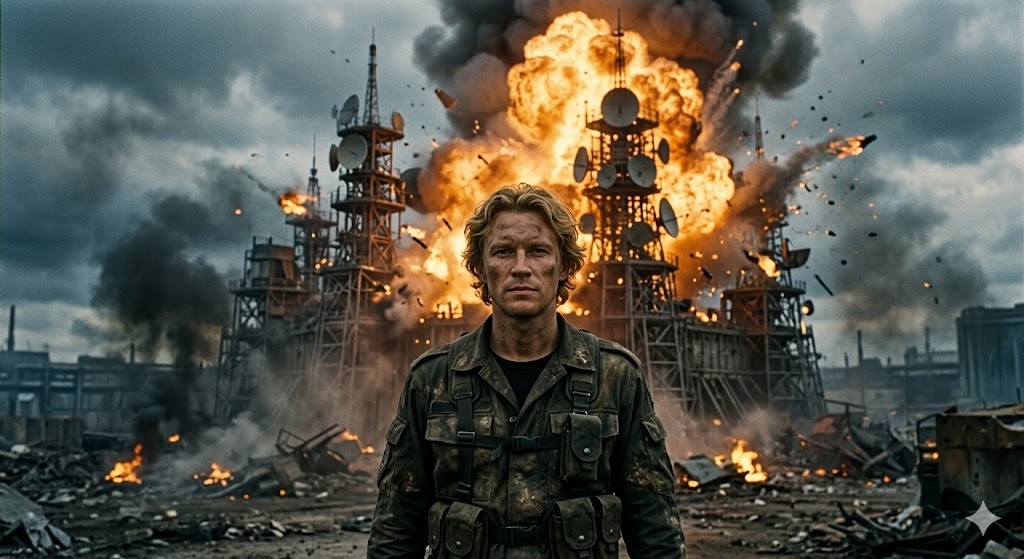 "Максим на фоне взлатающего на воздух центра башен ПБЗ", иллюстрация создана сетью Джемини