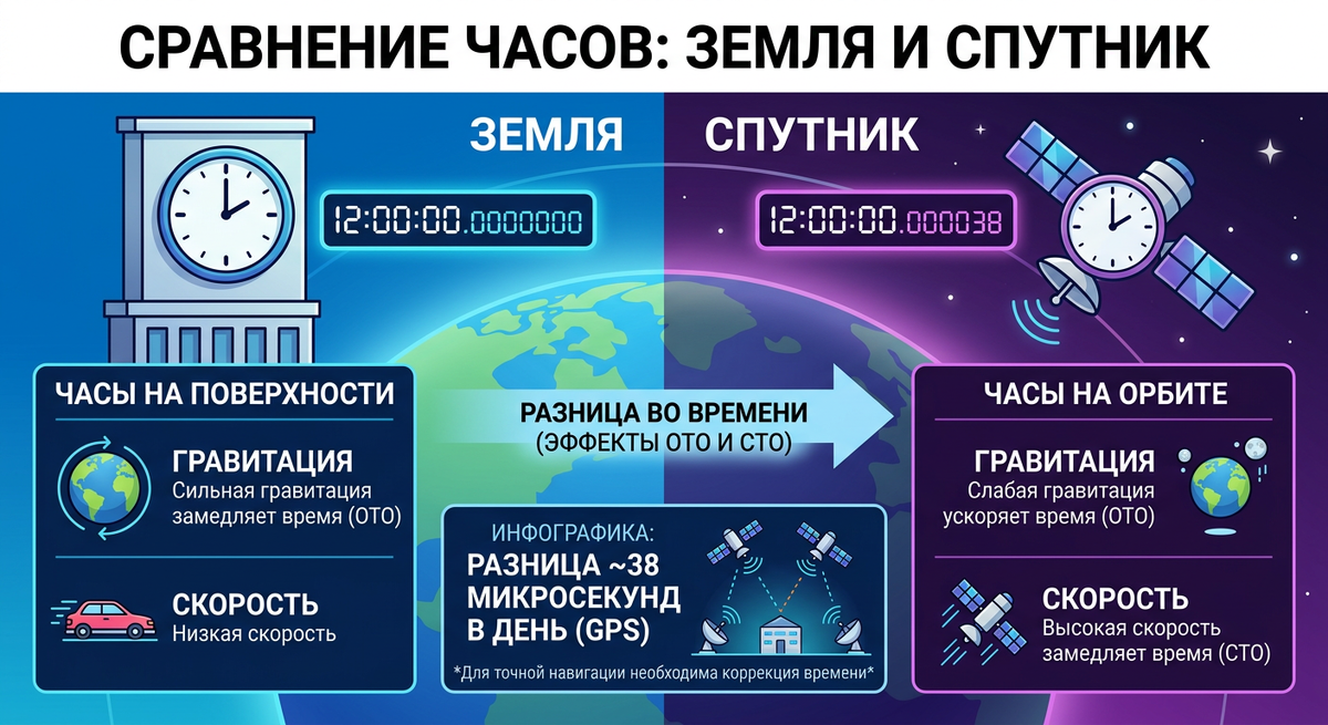 Сравнение часов на Земле и на спутнике 