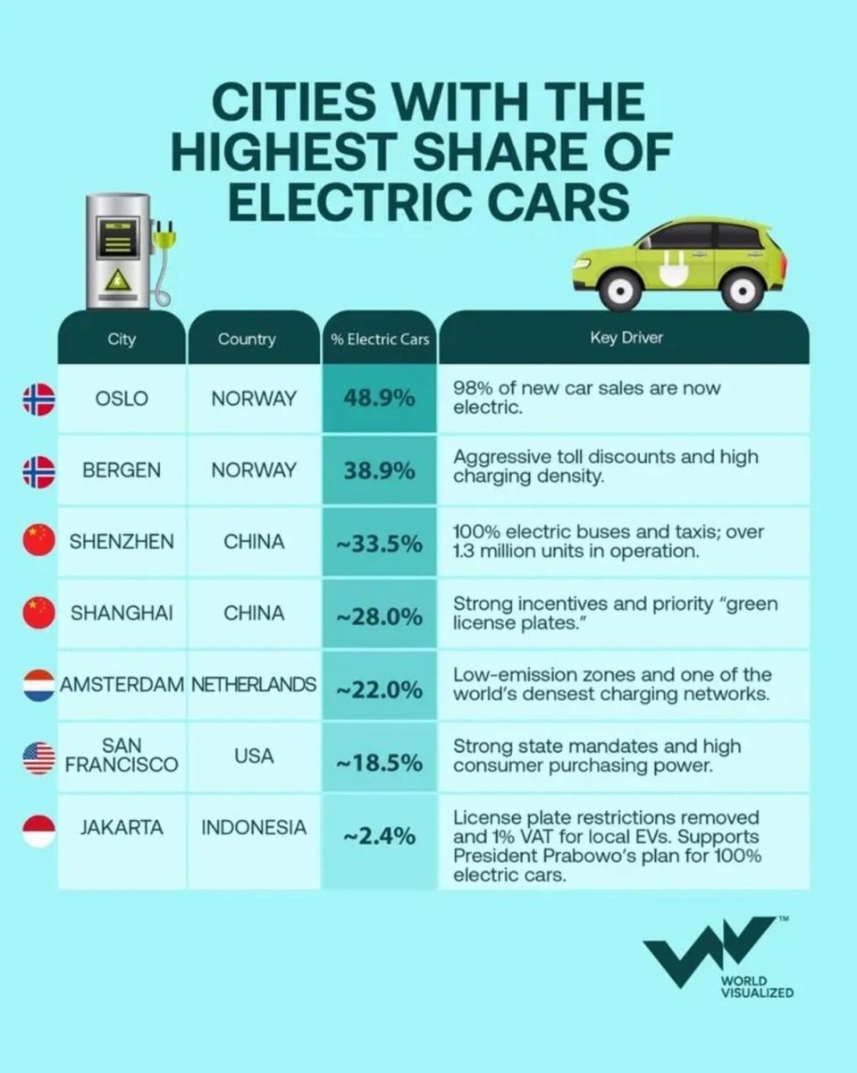    Инфографика: какие города лидируют по внедрению электромобилей / © World Visualized