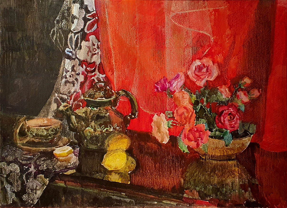 Преснякова Л. Д. Красные розы на красном фоне. Втор. пол. 1970-х гг., карт,, акв., пастель, 58х80