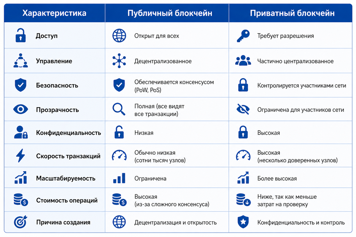 Ключевые различия между публичным и приватным блокчейном
