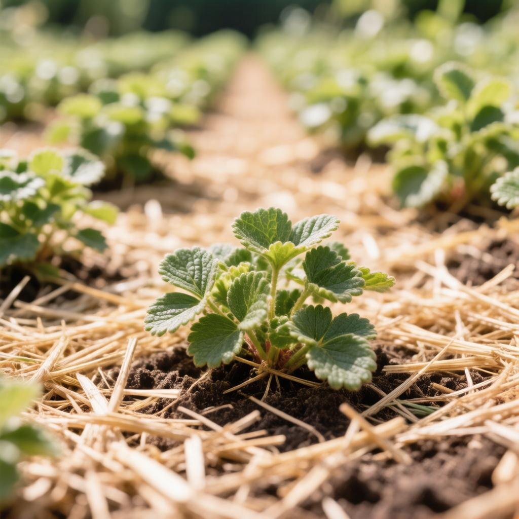 Мульчирование опадом и стрижка усов — грядка до цветения выглядит опрятной.