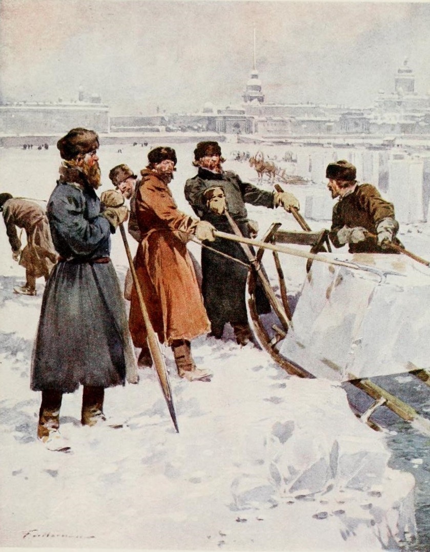 Заготовка льда на реке Неве. Из книги «Россия», 1913