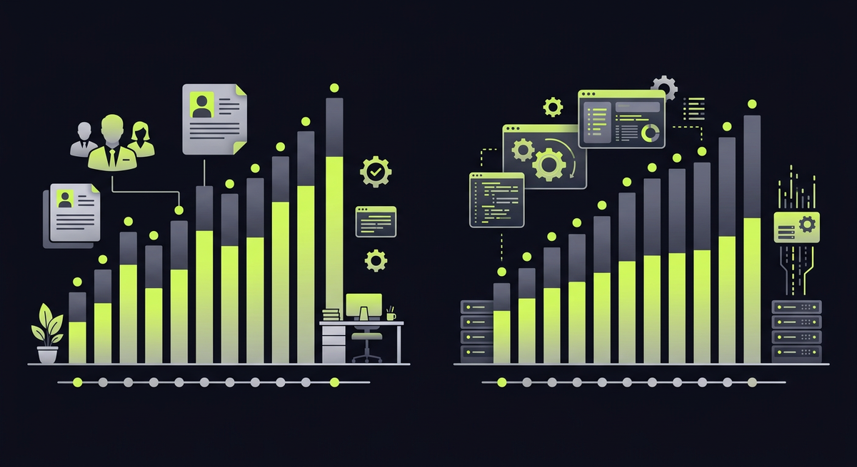    Side-by-side comparison chart showing hiring cost vs automation cost over 12 months for a bookkeeping agency