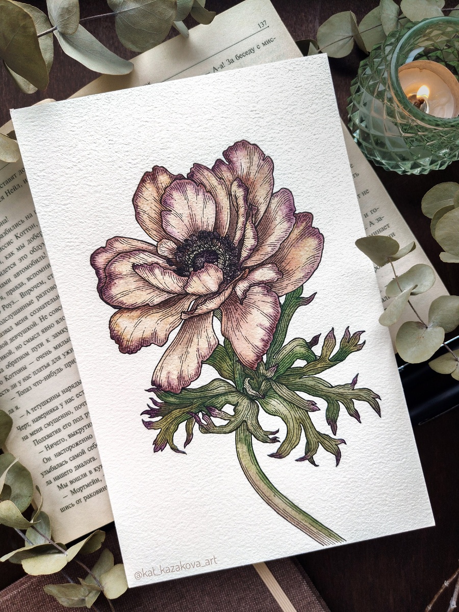 Анемон. Рисунок линерами и акварелью на фактурной хлопковой бумаге.